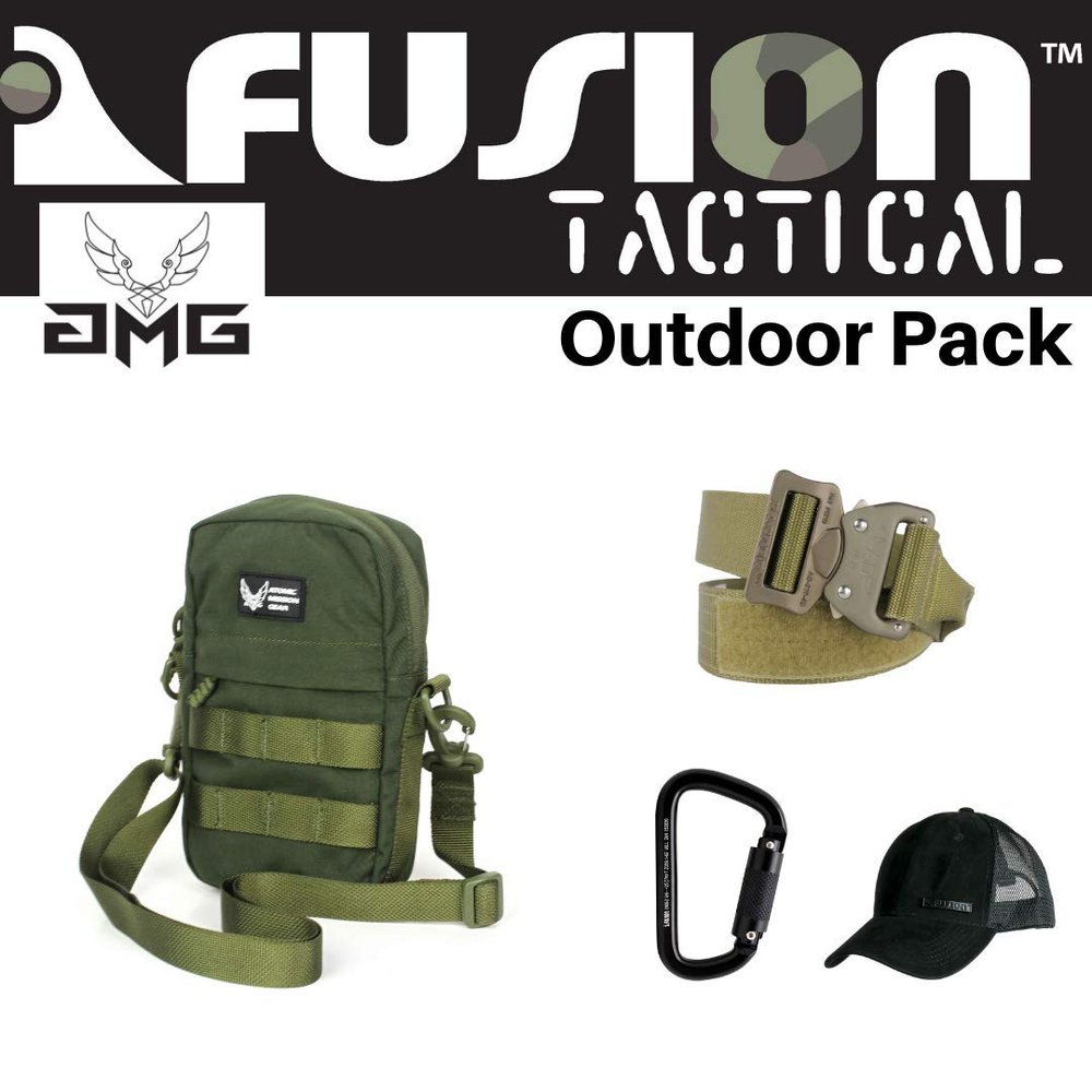 AMG, Fusion Outdoor Pack OD Green, Great Carry-On Flight Approved Travel Bag, Outdoors, and on The Go, with Belt, Carabiner and Black Cap Included