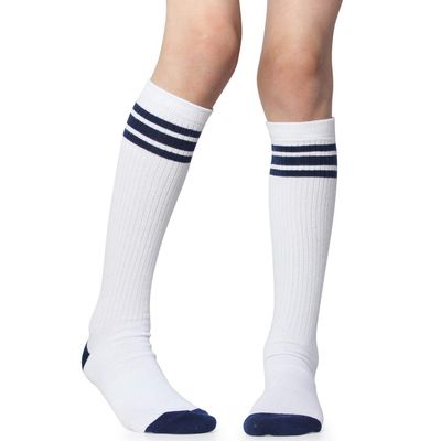 Baby, Toddler & Kids Knee High Tube Socks For Boys & Girls With Grips (2-4 Years (Shoe Size 6C-9C), White/Navy)