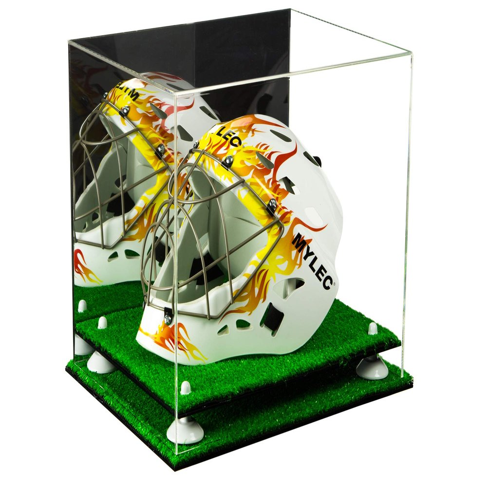 Better Display Cases Acrylic Lacrosse Helmet Display Case with Mirror, White Risers and Turf Base (A002-WR)