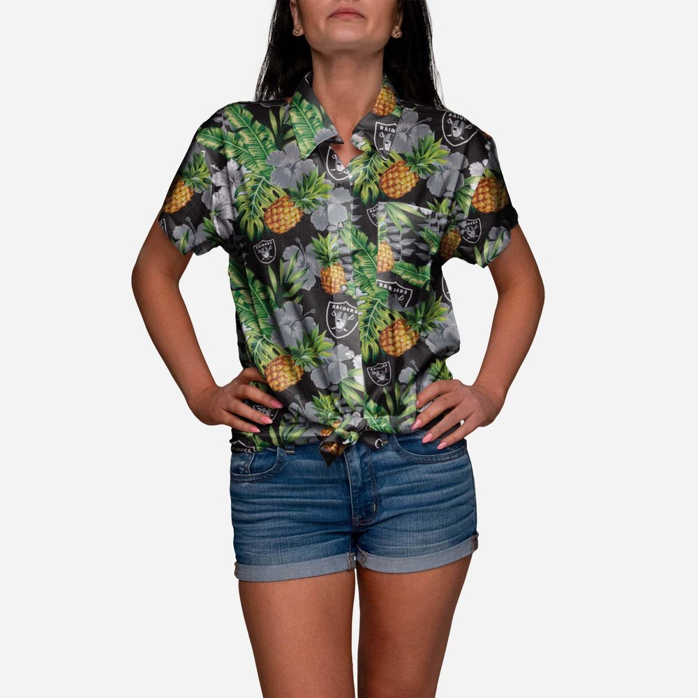 FOCO NFL Oakland Raiders Womens My Fine-Apple Pineapple Print Tropical Floral Button Up ShirtMy Fine-Apple Pineapple Print Tropical Floral Button Up Shirt, Team Color, Small