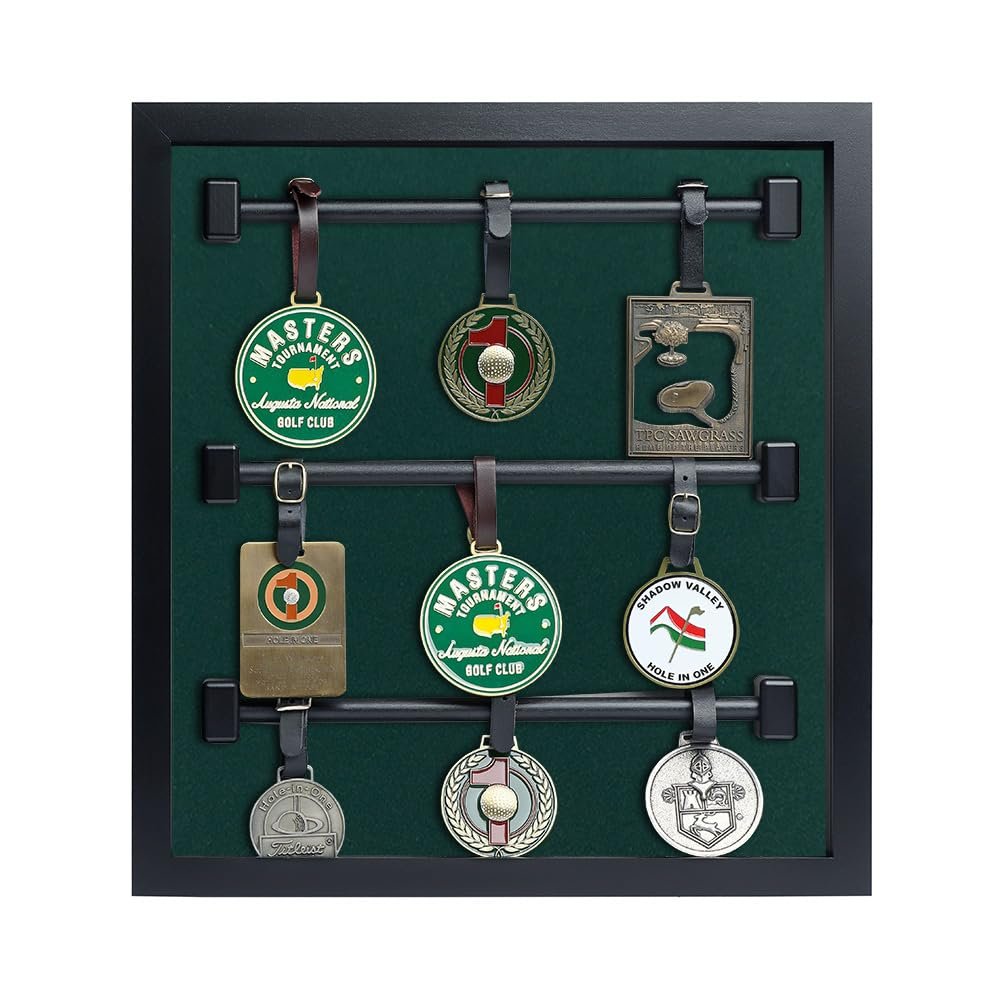 Golf Bag Tag Collection Display with Acrylic Cover | Holds 40 Bag Tags | 5 Color Options | Wall Mounted Wooden Case | Measures 15.5" W X 16.5" H