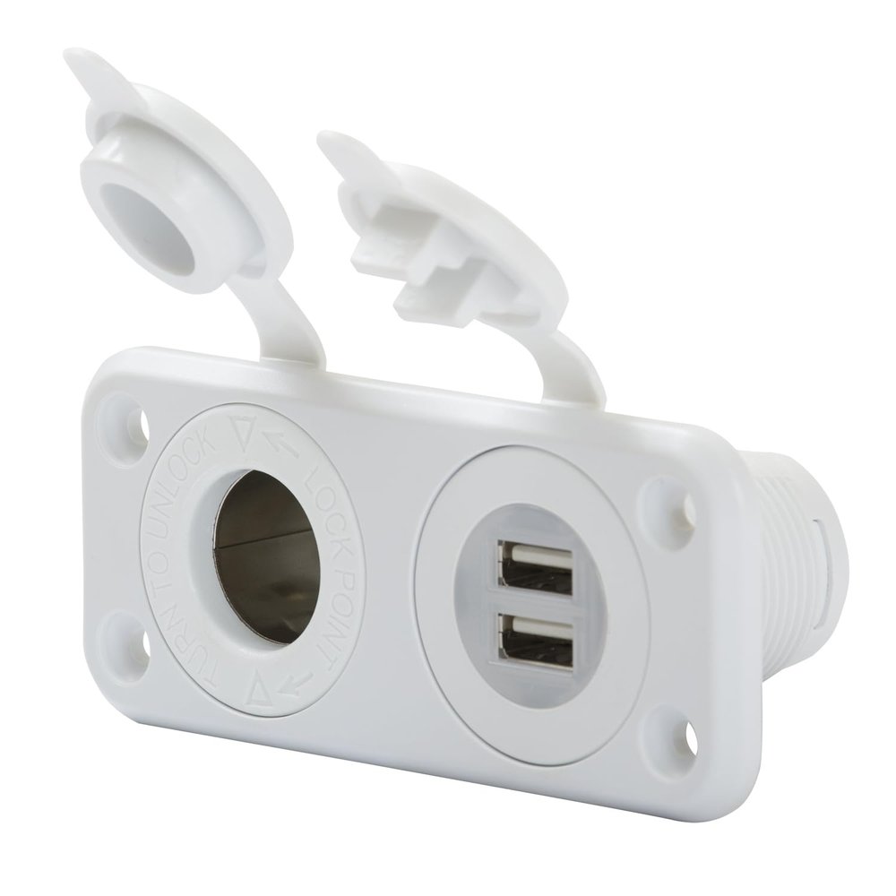 Marinco 12VCOMBOWB 12V Dual USB & Receptacle White with Mounting Plate-Bulk