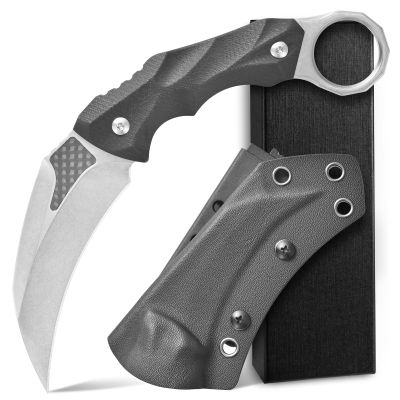 Ccanku C1692 Carbon Fiber Fixed Blade Knife,D2 Steel G10 Handle 4 Inches Camping EDC Tools Survival Claw Teeth Knife with Kydex Sheaths(Silver)