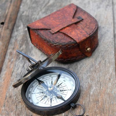 Black Compass Nautical Sundial Style Compass Handmade Leather Case Vintage Marine Working Compass Gift