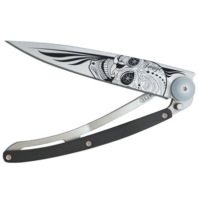 deejo - 37G Folding Pocket Knife with Belt Clip - Latino Skull Design, 3.7-Inch Stainless Steel Blade, Ebony Wood Handle - Lightweight Everyday Carry for Home, Work, and Outdoor Use