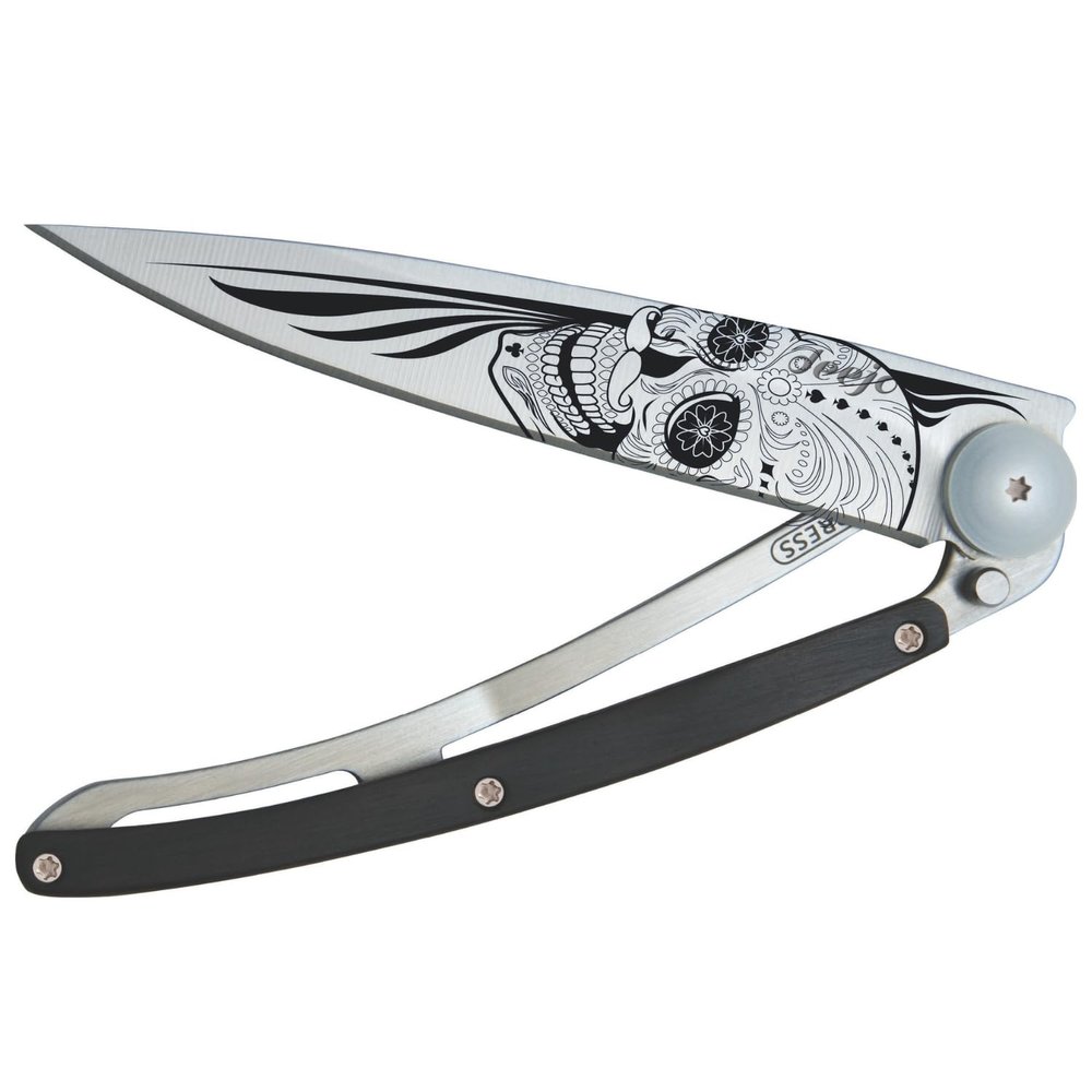 deejo - 37G Folding Pocket Knife with Belt Clip - Latino Skull Design, 3.7-Inch Stainless Steel Blade, Ebony Wood Handle - Lightweight Everyday Carry for Home, Work, and Outdoor Use