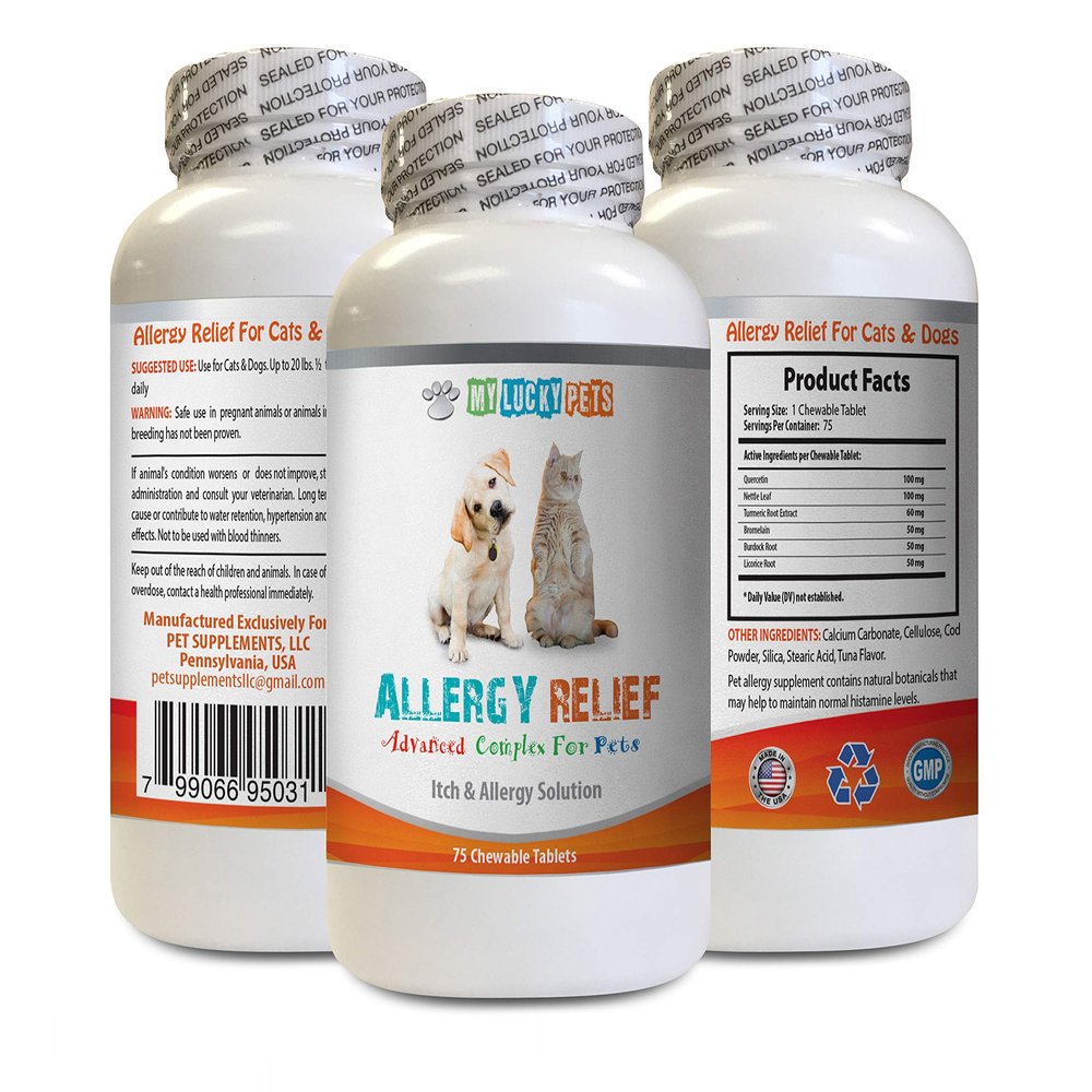 cat Itch Supplement - PET Allergy Relief - for Dogs and Cats - Lucky Itch Solution - Keep Fur Healthy - Turmeric for Cats - 1 Bottle (75 Chewable Tablets)