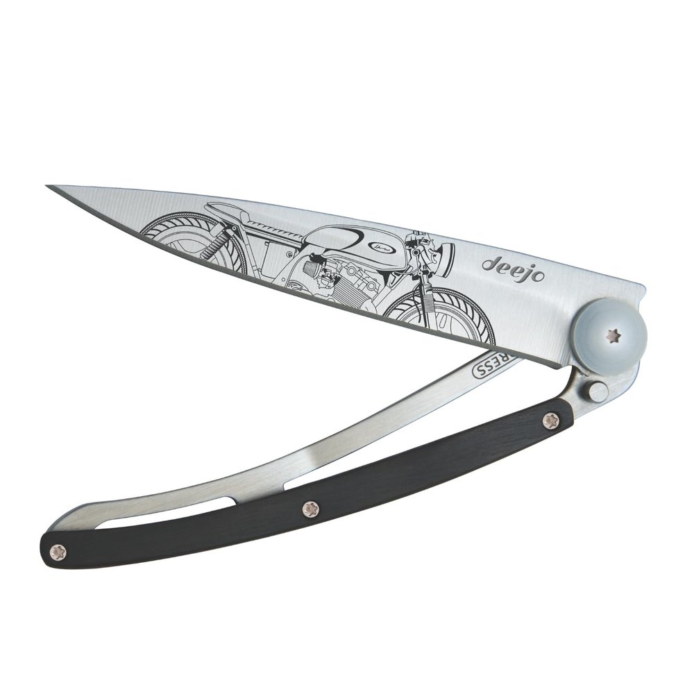deejo - 37G Folding Pocket Knife with Belt Clip - Caf Racer Design, 3.7-Inch Stainless Steel Blade, Ebony Wood Handle - Lightweight Everyday Carry for Home, Work, and Outdoor Use