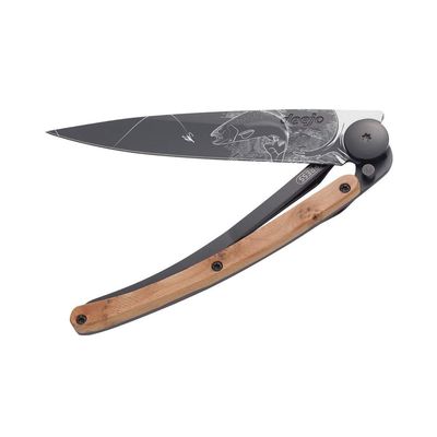 deejo - 37G Folding Pocket Knife with Belt Clip - Trout Design, 3.7-Inch Stainless Steel Blade, Black Titanium Finish, Juniper Wood Handle - Lightweight Everyday Carry for Home, Work, and Outdoor Use