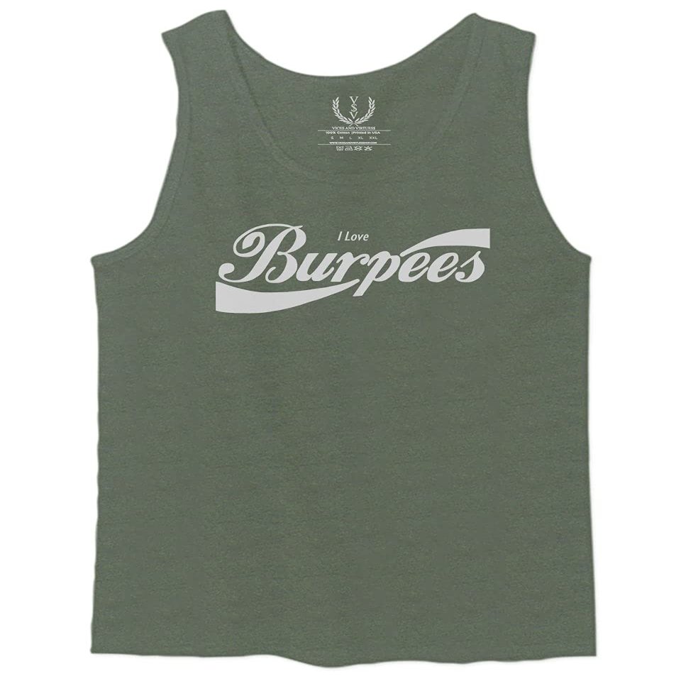 0136. Workout Graphic I Love Burpees Gym Lift Fitness Men's Fitted Tank Top (Olive, Small)