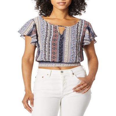 A. Byer Flutter Sleeve Tie Back Cropped Top (Junior's), Floral Mix up Stripe, XL
