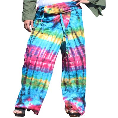 RaanPahMuang Mixed Cotton Fisherman Thai Wrap Pants Colorfully Hand Tie Dyed Tall, Medium, Deep Cotton - Aqua Blue Pink