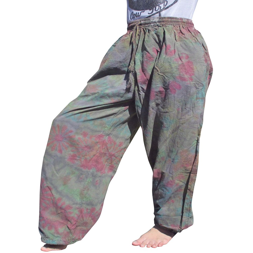 Full Funk Tie Dye Cotton Pants with Elastic Thick Pull String Waist, Large, Viridian Green