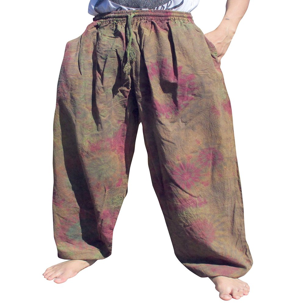 Full Funk Tie Dye Cotton Pants with Elastic Thick Pull String Waist, Large, Coyote Brown