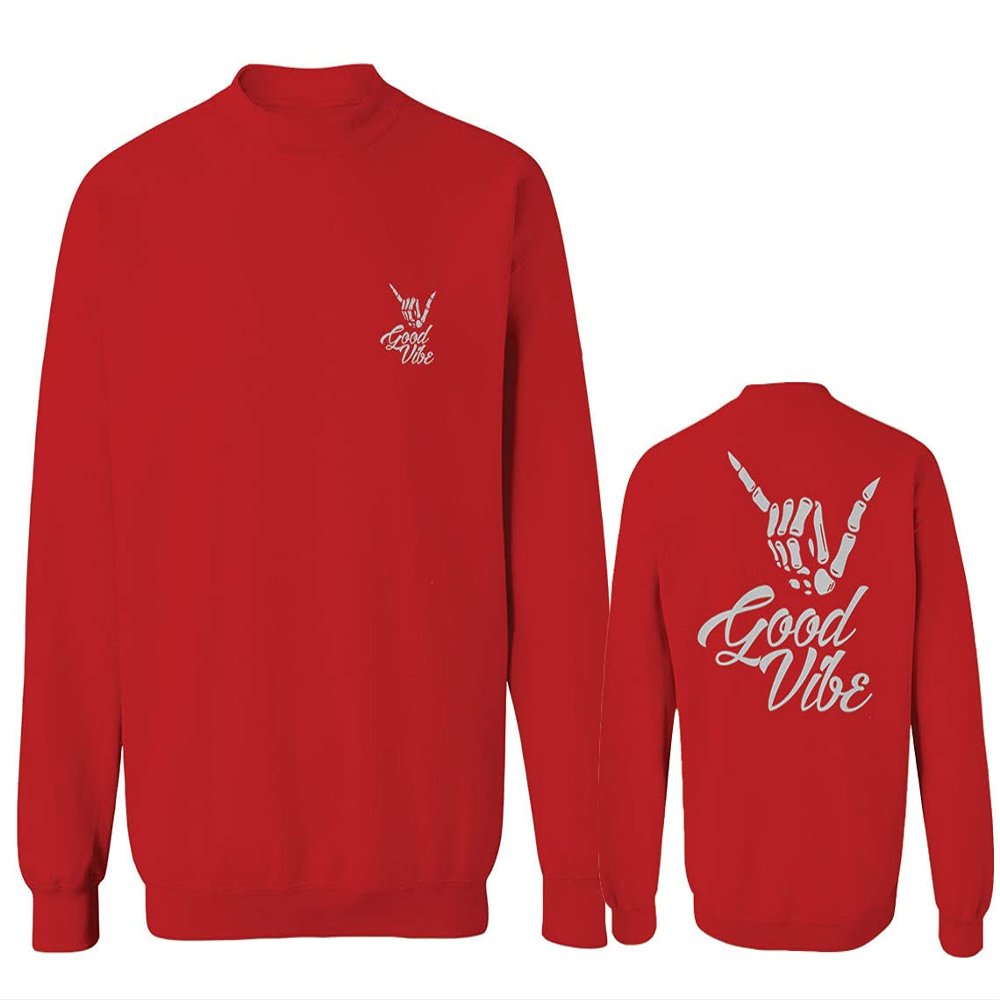0153. Good Vibe Society Bones Hand Shaka Cool Vintage Graphic Men's Crewneck Sweatshirt (Red, X-Large)