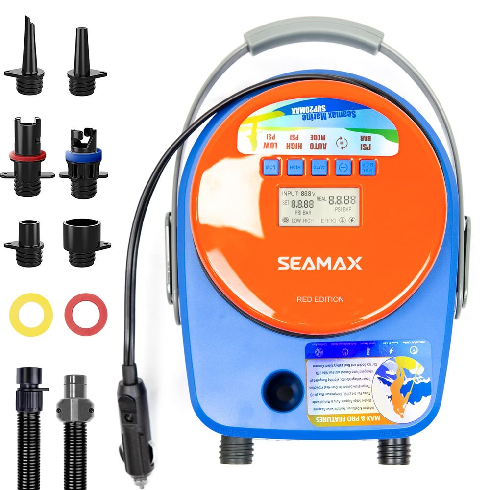 SEAMAX SUP Electric Air Pump for Inflatable Paddle Board & Boat, High Speed Double Stage for Inflation and Deflation, Max 20 PSI and Additional 5 Valve Fittings Included