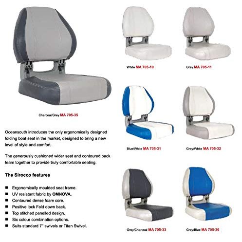 Oceansouth Sirocco Folding Moulded Boat Seat 7 Colors Marine Boat Fishing (Grey/White)