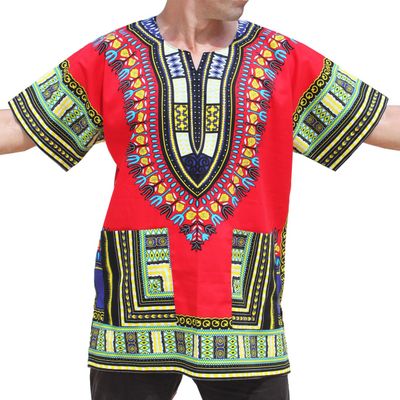 RaanPahMuang Traditional African Dashiki Shirt in Light Thin Grade Batik Cotton, 4X-Large, Red