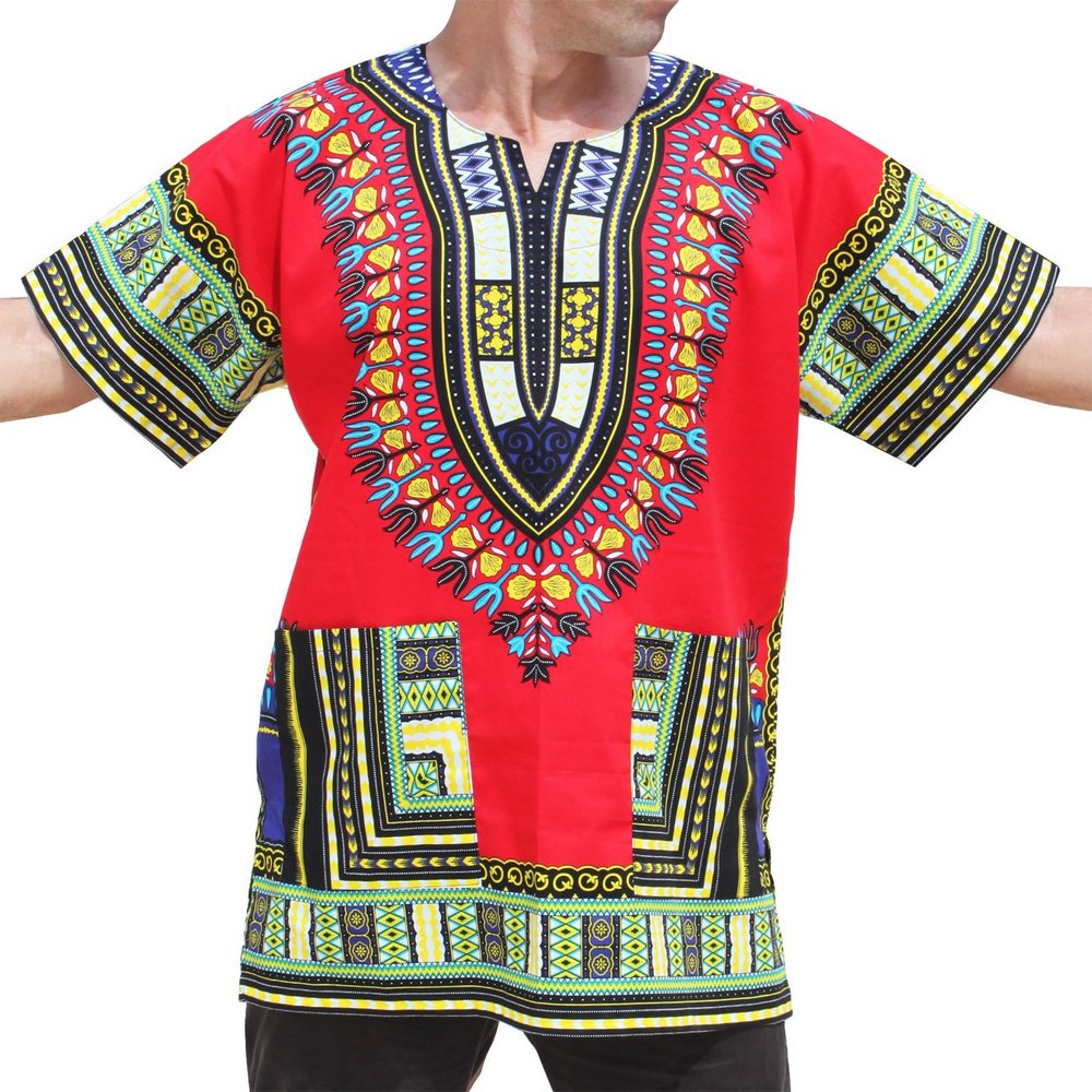 RaanPahMuang Traditional African Dashiki Shirt in Light Thin Grade Batik Cotton, 4X-Large, Red