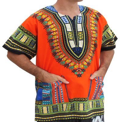 RaanPahMuang Traditional African Dashiki Shirt in Light Thin Grade Batik Cotton, 7X-Large, Orange
