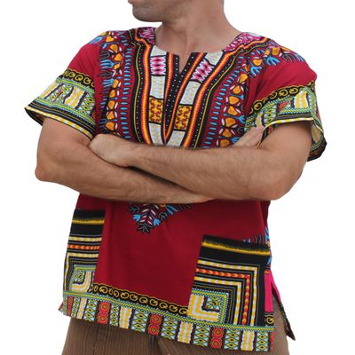 RaanPahMuang Traditional African Dashiki Shirt in Light Thin Grade Batik Cotton, 5X-Large, Dark Red