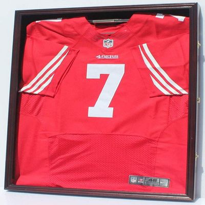 flag connections Ultra Clear PRO UV Basketball, Football, Hockey Jersey Frame Uniform Display Case, Lockable Mahogany Finish