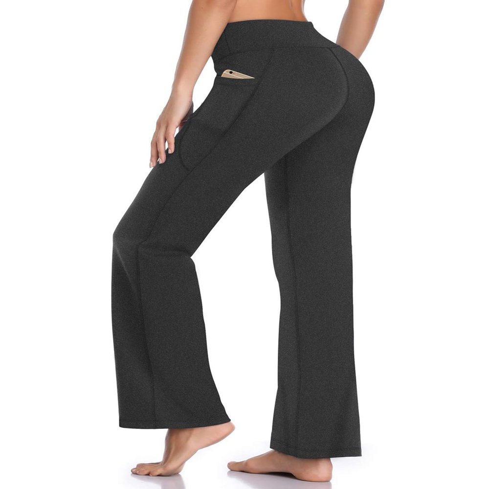 HISKYWIN Side Pockets Yoga Pants 4 Way Stretch Tummy Control Workout Running Pants, Long Bootleg Flare Pants HF201-Charcoal-M