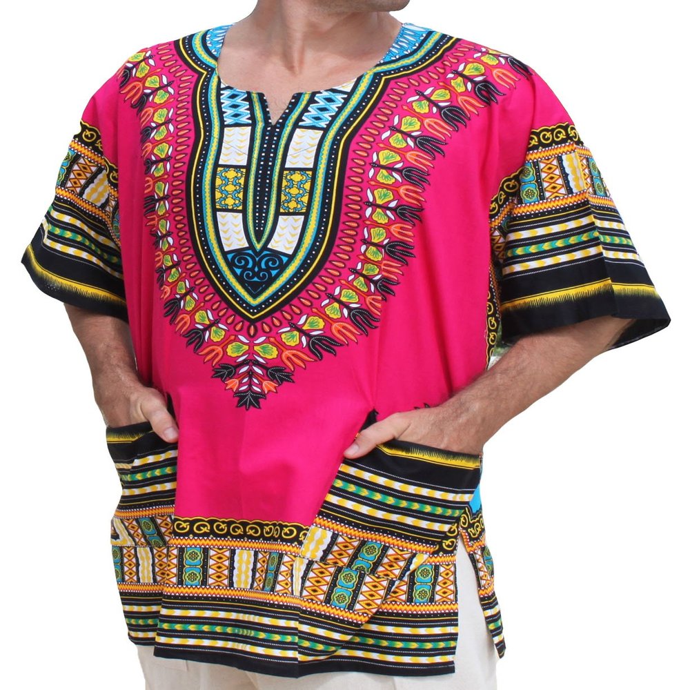 RaanPahMuang Traditional African Dashiki Shirt in Light Thin Grade Batik Cotton, 4X-Large, Pink