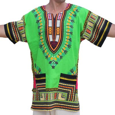 RaanPahMuang Traditional African Dashiki Shirt in Light Thin Grade Batik Cotton, 4X-Large, Light Green