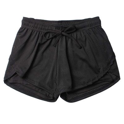 JOFOW Womens Sports Shorts Fake 2PC Solid Mesh Patchwork Breathable Quick Dry Loose Comfy Workout Running Sport Mini Pants (L,Black)