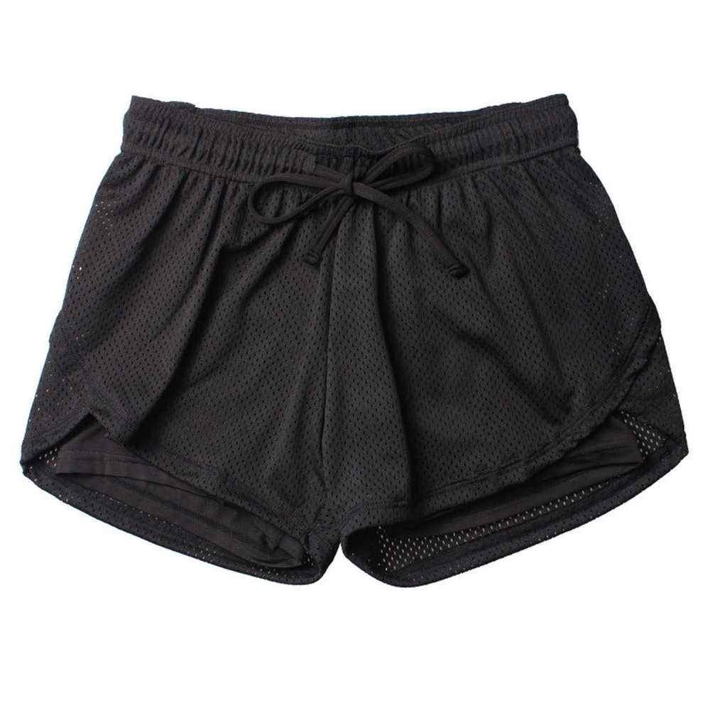 JOFOW Womens Sports Shorts Fake 2PC Solid Mesh Patchwork Breathable Quick Dry Loose Comfy Workout Running Sport Mini Pants (L,Black)