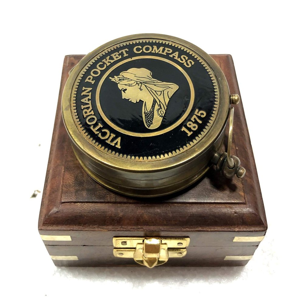 Antique Nautical Victorian Pocket Compass 3" Brass Navigation Pocket Compass with Wooden Box