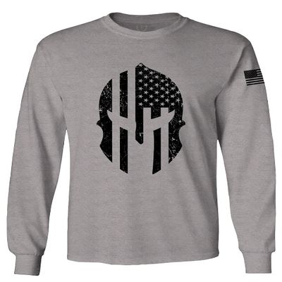 0146. Military Patriotic Molon Labe Spartan Helmet American Flag Men's Long Sleeve t Shirt (Light Gray 2X Large)