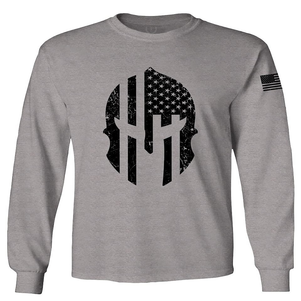 0146. Military Patriotic Molon Labe Spartan Helmet American Flag Men's Long Sleeve t Shirt (Light Gray 2X Large)