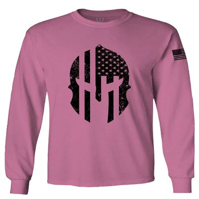 0146. Military Patriotic Molon Labe Spartan Helmet American Flag Men's Long Sleeve t Shirt (Pink Medium)