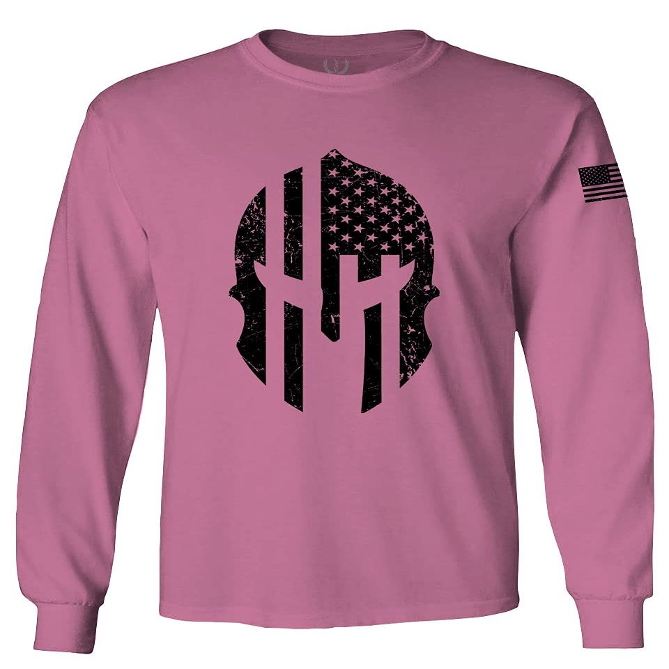 0146. Military Patriotic Molon Labe Spartan Helmet American Flag Men's Long Sleeve t Shirt (Pink Medium)