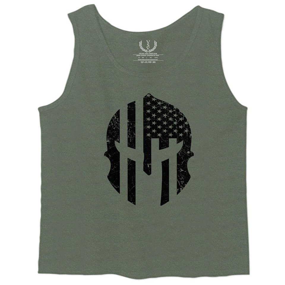 0146. Military Patriotic Molon Labe Spartan Helmet American Flag Men's Fitted Tank Top (Olive, Small)