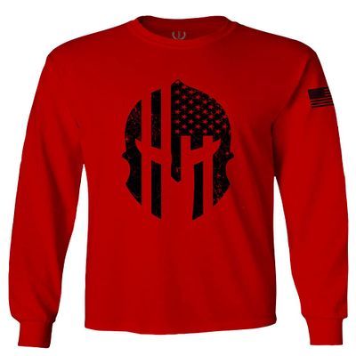 0146. Military Patriotic Molon Labe Spartan Helmet American Flag Men's Long Sleeve t Shirt (Red, Large)