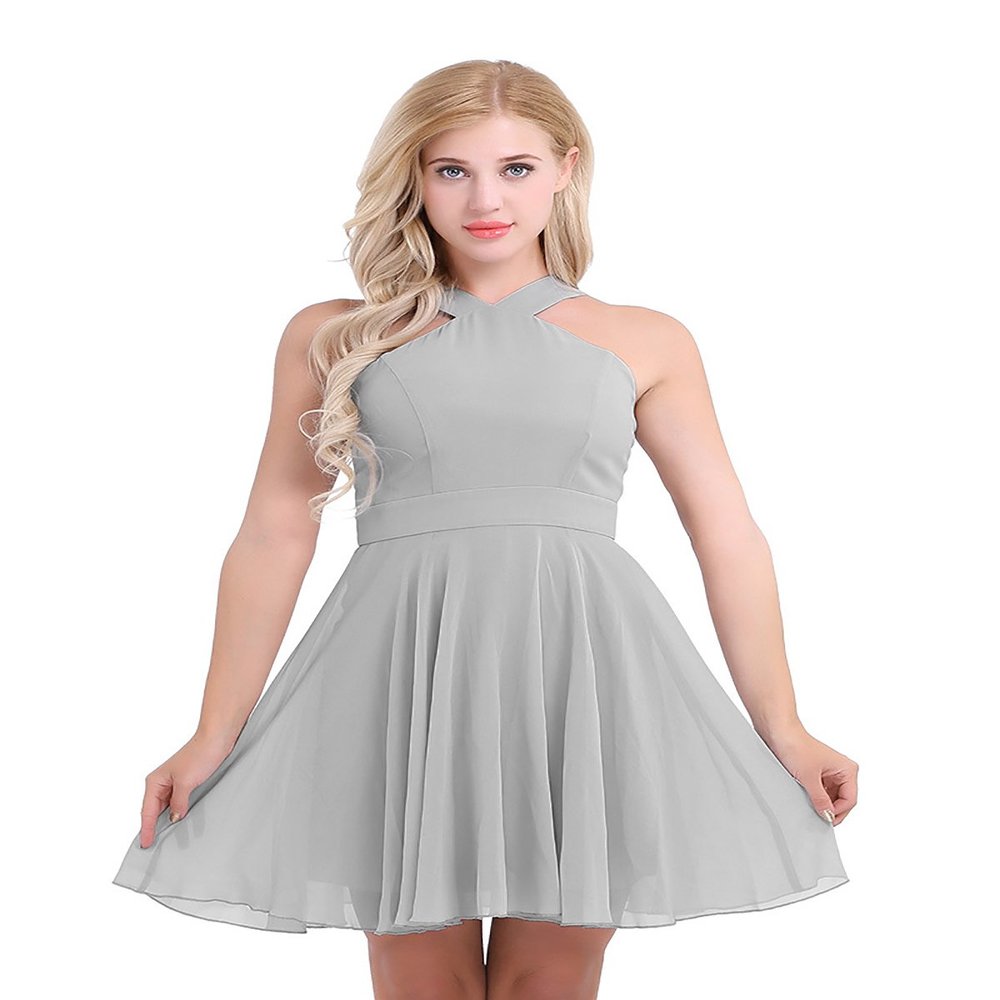 ACSUSS Women's Criss-Cross Straps Chiffon Evening Party Prom Gown Bridesmaid Short Dress Gray 14