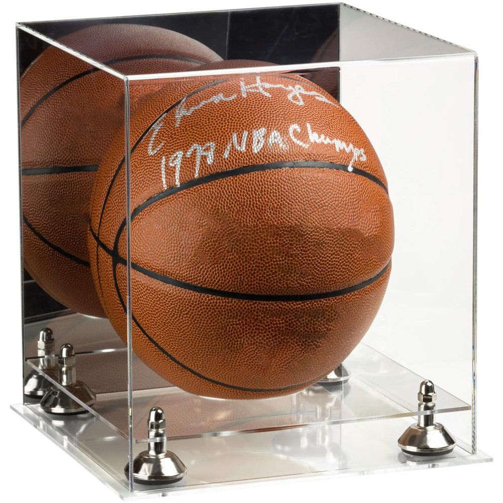 Better Display Cases Basketball Holder Clear Full Size Acrylic Display Case with Silver Risers ,Clear Two Tiered Base ,Mirror Back 11" L x 11" W x 11" H (A001-SR)