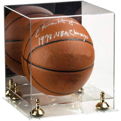 Better Display Cases Basketball Holder Clear Full Size Acrylic Display Case with Gold Risers ,Clear Two Tiered Base ,Mirror back11 L x 11" W x 11" H (A001-GR)