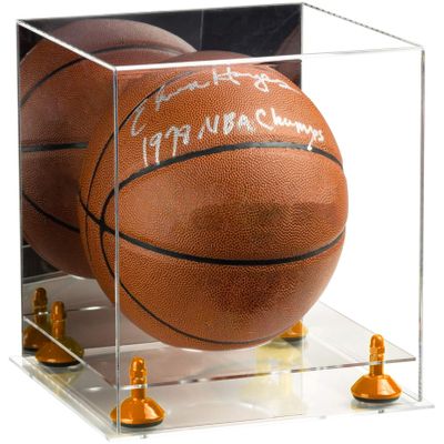 Better Display Cases Basketball Holder Clear Full Size Acrylic Display Case with Orange Risers ,Clear Two Tiered Base ,Mirror Back 11" L x 11" W x 11" H (A001-OR)