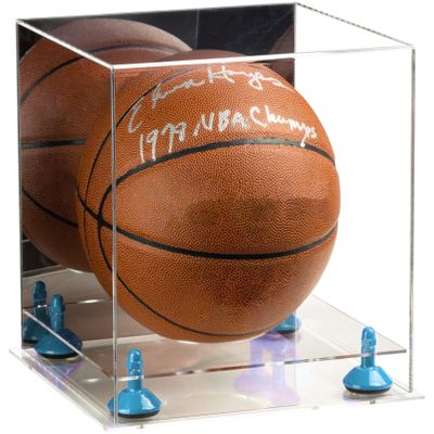Better Display Cases Basketball Holder Clear Full Size Acrylic Display Case with Blue Risers ,Clear Two Tiered Base ,Mirror Back 11" L x 11" W x 11" H (A001-BLR)