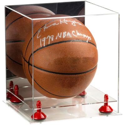 Better Display Cases Basketball Holder Clear Full Size Acrylic Display Case with Red Risers ,Clear Two Tiered Base ,Mirror Back 11" L x 11" W x 11" H (A001-RR)