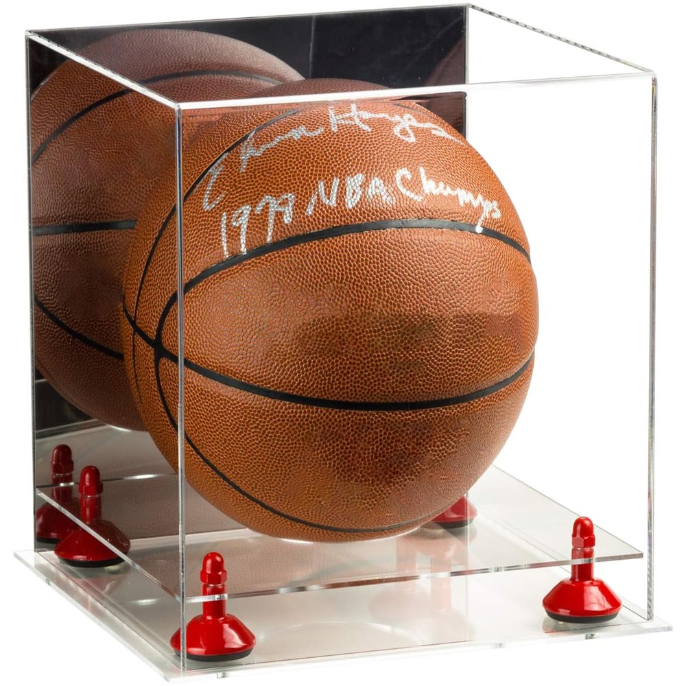 Better Display Cases Basketball Holder Clear Full Size Acrylic Display Case with Red Risers ,Clear Two Tiered Base ,Mirror Back 11" L x 11" W x 11" H (A001-RR)