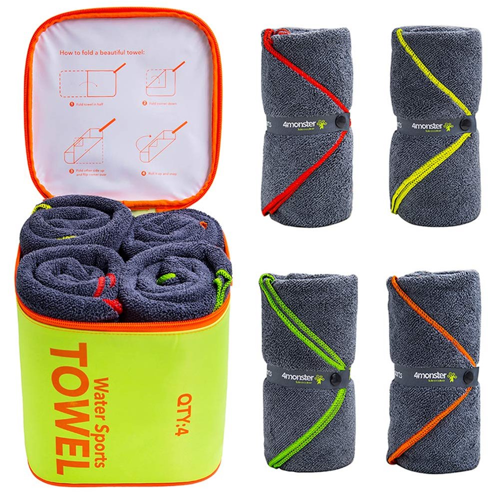 4Monster 4 Pack Microfiber Camping Towel Quick Dry, Super Absorbent Travel Towel with Waterproof Bag, Lightweight Boat Towel for RV, Sport, Gym, Beach, Pool, Swim,Family Trip