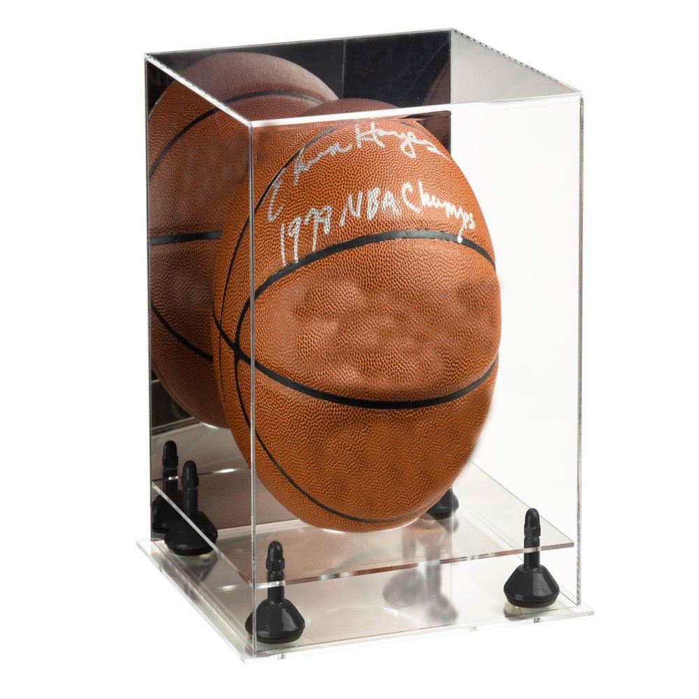 Better Display Cases Basketball Holder Clear Full Size Acrylic Display Case with Black Risers ,Clear Two Tiered Base ,Mirror back11 L x 11" W x 11" H (A001-BR)