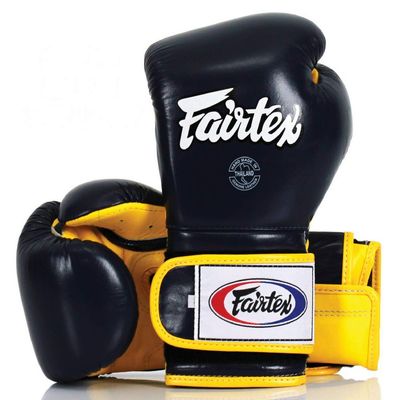 Fairtex Muay Thai Boxing Gloves BGV9 - Heavy Hitter Mexican Style Training & Sparring Gloves for Kick Boxing MMA K1 (Blue/Yellow, 10 oz)
