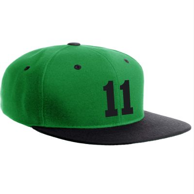 Classic Flat Bill Visor Snapback Hat Custom Color Player Team Numbers, Number 11 Black, Green Black Hat