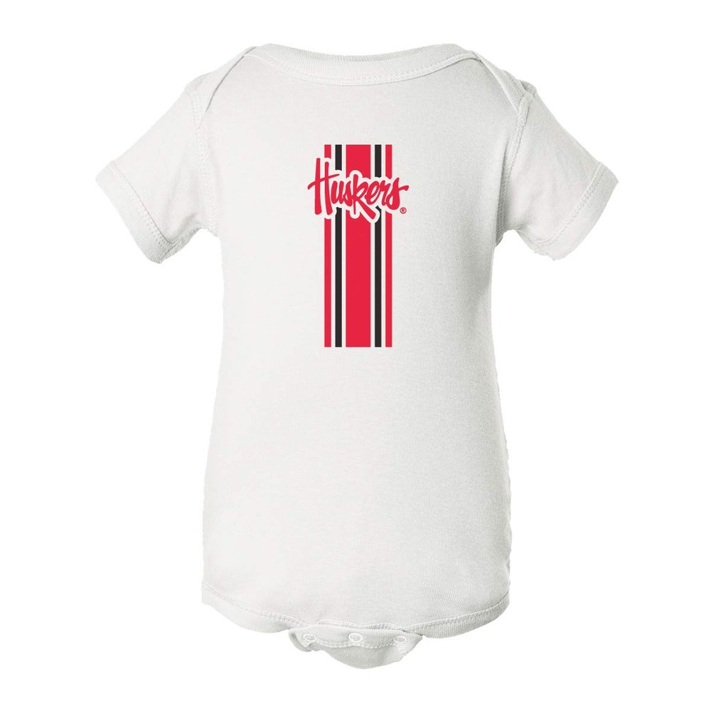 CornBorn Nebraska Onesie - Vertical Stripe Script Huskers - White - 18M